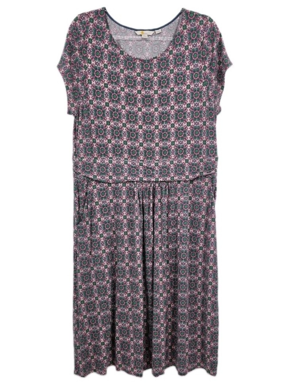 Boden Amelie Jersey Dress 16/18 Green Pink Geo Print Pockets Midi Cap Sleeve